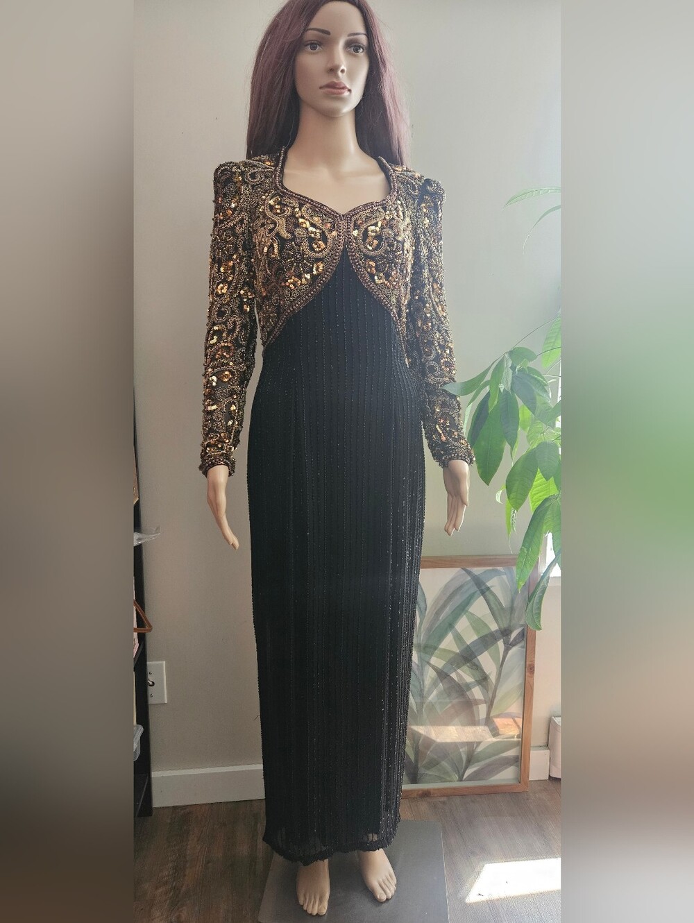 Vintage Oleg Cassini Black Tie Silk Gold Black Evening Gown Beaded Maxi Dress